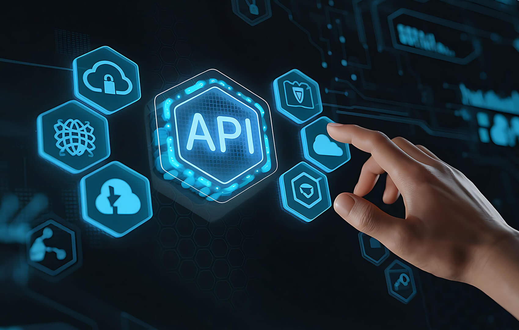 DotClick: Hand touching a holographic API icon with interconnected hexagons, representing seamless API integrations.