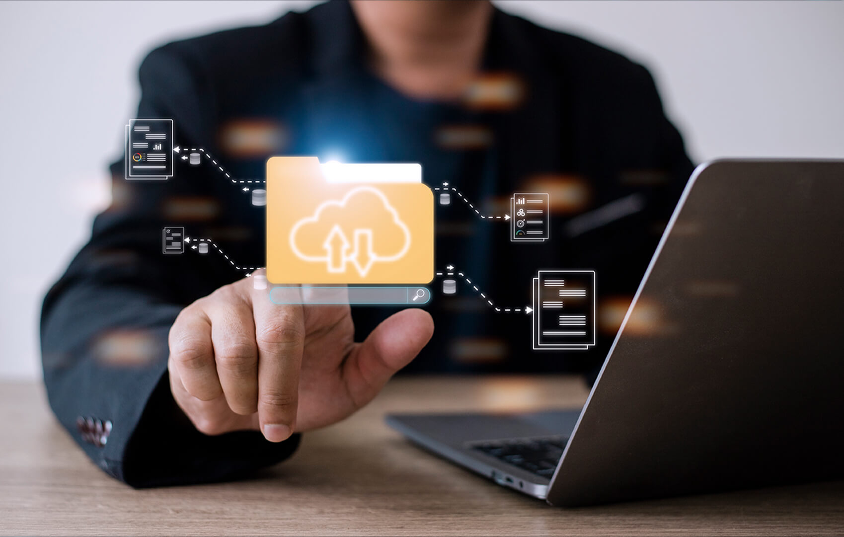 DotClick: Person typing on a laptop with cloud server icons floating above, symbolizing secure AWS server deployment.