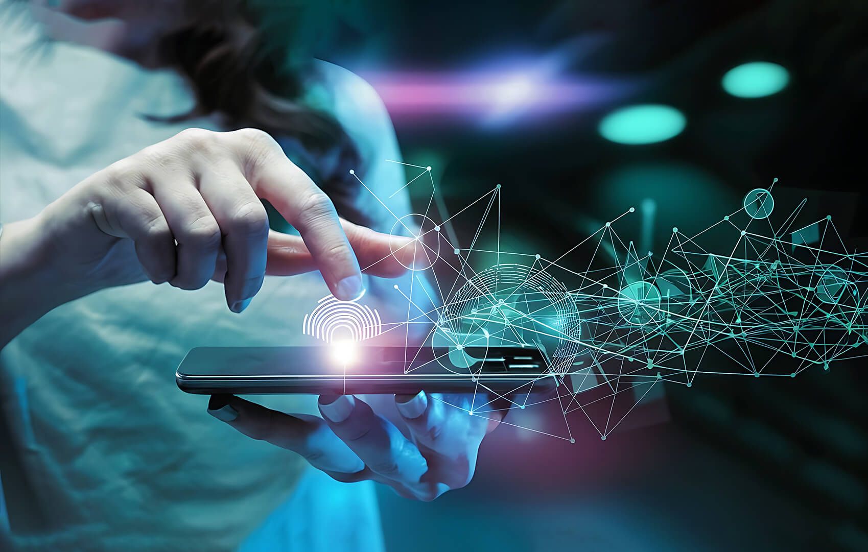 DotClick: Hand holding a smartphone with glowing lines connecting to a global network, symbolizing mobile-first technology solutions.