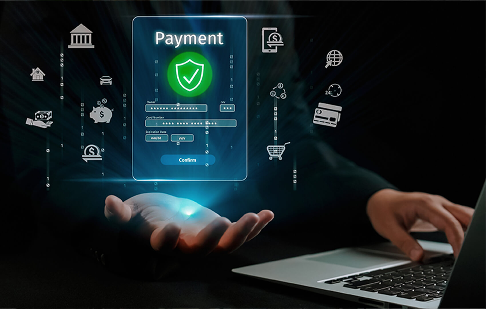 DotClick: Hand holding a smartphone with a holographic payment icon and digital currency, representing secure payment integrations.