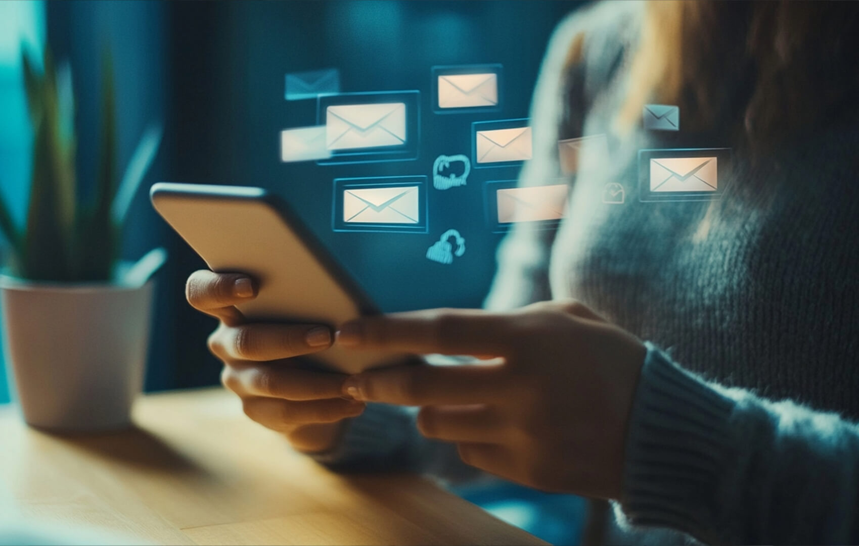 DotClick: Hand holding a smartphone with chat bubbles, representing efficient SMS integrations.