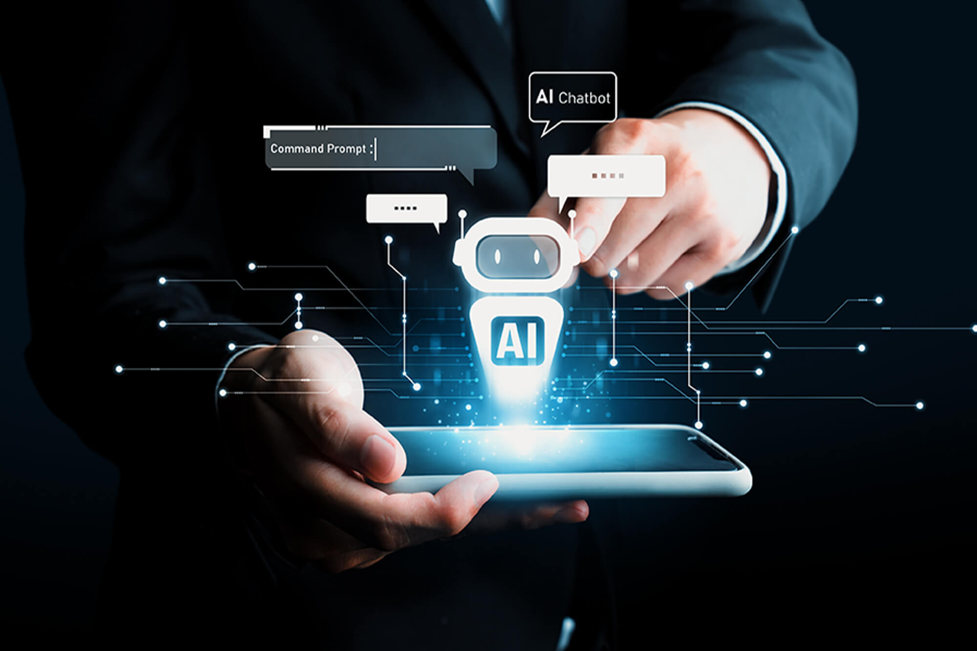 DotClick: A business person holding a tablet with a glowing AI chatbot interface projected above it, symbolizing AI chatbot integration.