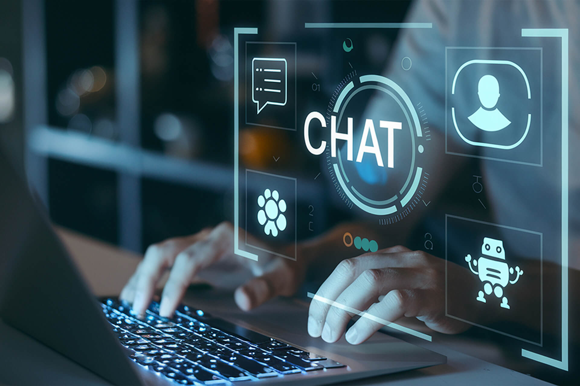 DotClick: Hands typing on a laptop with a holographic "CHAT" interface and a robot icon, representing ChatGPT integration.