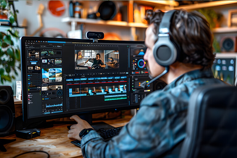 DotClick: A person wearing headphones working on a computer with multiple screens displaying complex video or design software, representing technological expertise.
